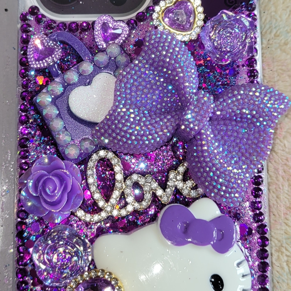 Purple Bling Phone Case with Bow and Heart Accents